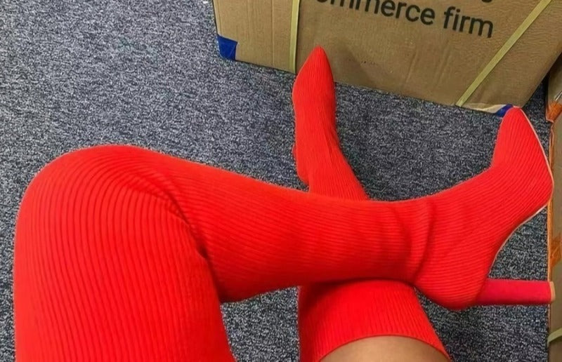 Knitted Thigh High Boots (Red)